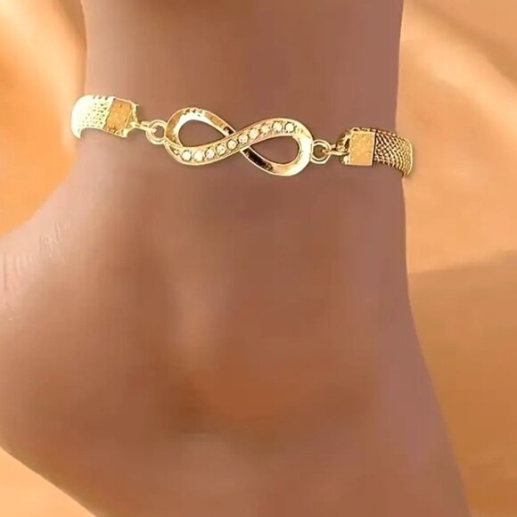 Anklet Infinity Rhinestone Gold Mesh Chain Beach Vacation Trendy Stylish Glam - Picture 2 of 5